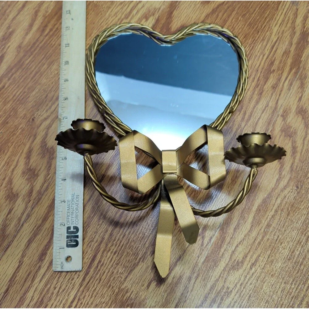 Vtg Braided Gold Metal Heart Shaped Mirror Double Candle